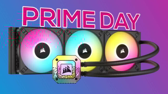 Corsair iCUE H150i Elite Capellix XT CPU cooler, against a two-tone background, with the word 'Prime Day' appearing above it