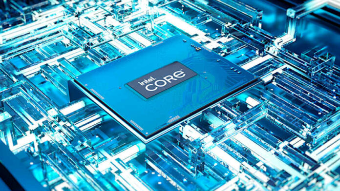 13th Gen Intel Core mobile processor, atop a crystal-like matrix of blue and white light
