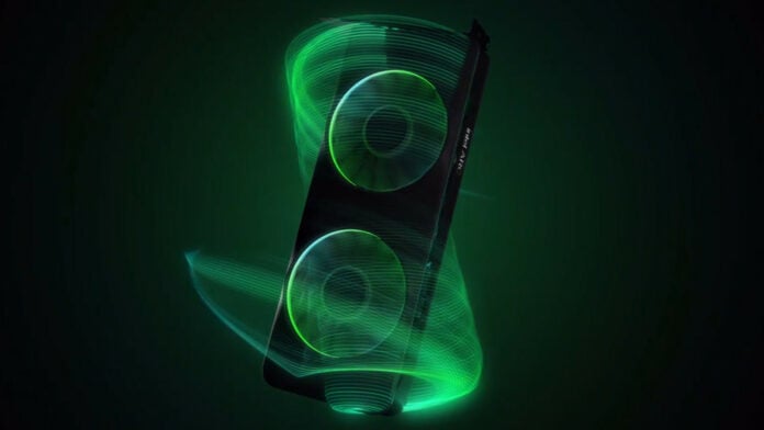 An Intel Arc graphics card, surrounded by dancing green lights