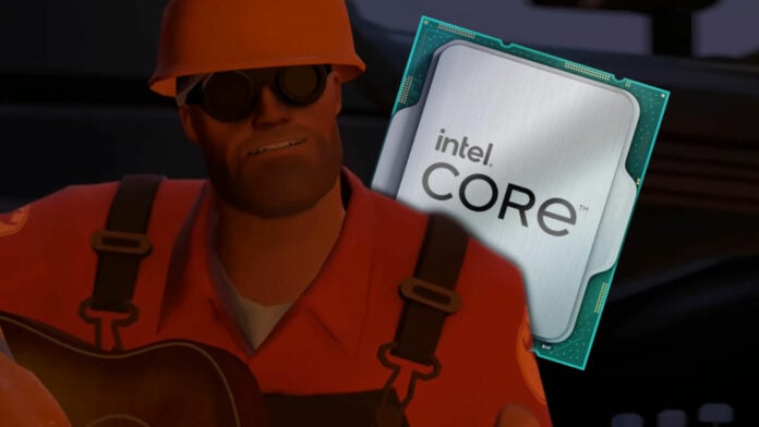 Team Fortress 2 Engineer character (left), with an Intel Core processor peeking out from behind their shoulder (right)
