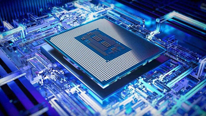 The underside of an Intel desktop processor, surrounded by blue-coloured circuitry