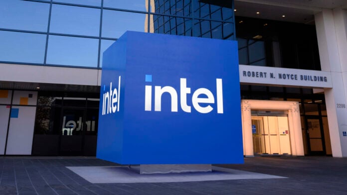 A large blue Intel cube sits outside one of the company's buildings