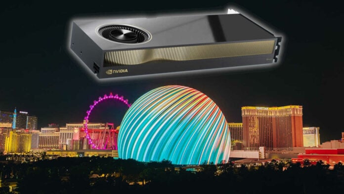 An Nvidia RTX A6000 GPU floats above Sphere and the Las Vegas strip