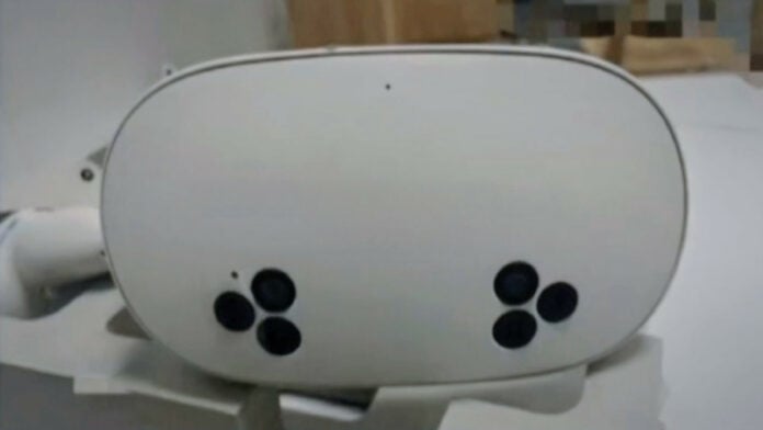 Front view of Meta Quest 3S headset, its camera cutouts clearly visible against its white faceplate