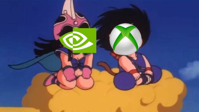 Screen capture of Dragon Ball, in which Goku's face has been replaced with the Xbox logo (right), while Chi Chi's has been replaced with Nvidia's (left)