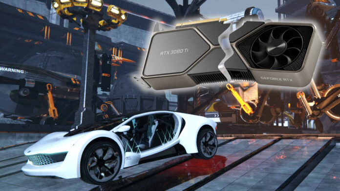 RTX 3080 Ti Founders Edition, broken in half, floating above a scene from GPUScore: Breaking Limit