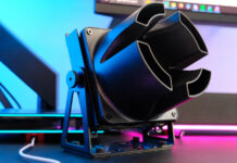 Versatile Noctua Home fans are my summer saviour Noctua Home NV-FS1 desk fan against blue and pink lighting.