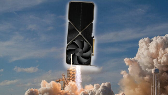 Nvidia GeForce RTX Founders Edition graphics card, blasting off from a rocket launch pad, surrounded by smoke
