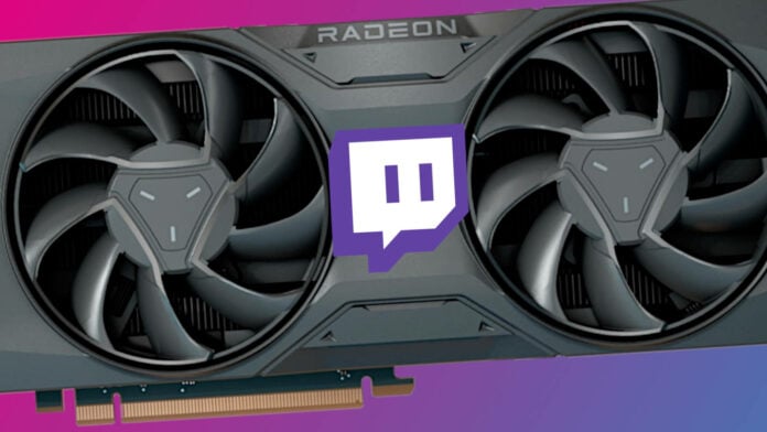 Radeon RX 7000 series reference graphics card, with a Twitch logo at its centre, surrounded by a blue-pink background