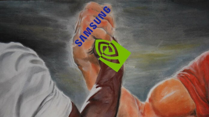 Two muscular arms, drawn in chalk, lock in an epic handhsake with logos for Samsung and Nvidia covering either hand