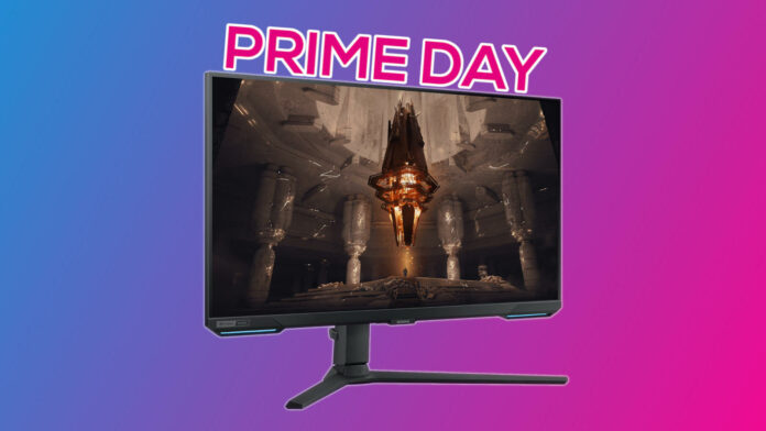 Samsung Odyssey G7 (G70B) gaming monitor, against a blue and pink background, with the words 'Prime Day' floating above it
