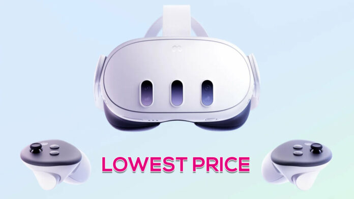 Meta Quest 3 headset with controllers above text that says 