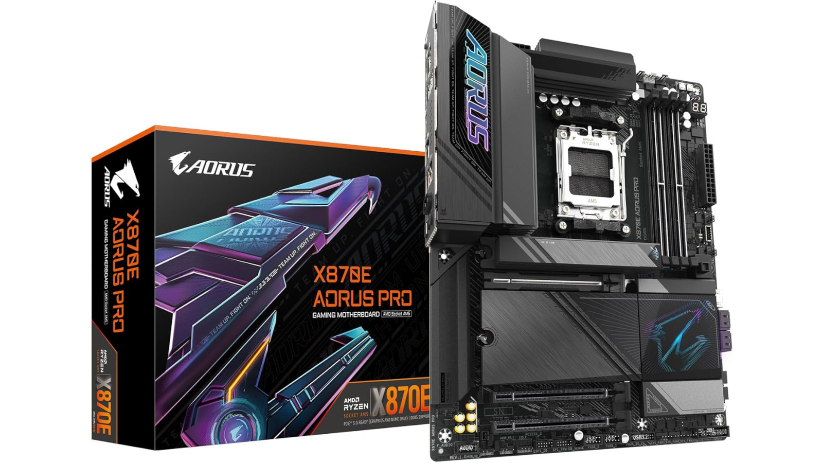 X870E Aorus Pro motherboard (right) and its retail box (left) against white background.
