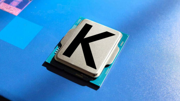 Intel Core Ultra chip render with a giant K on top.