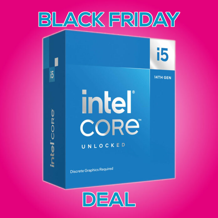 14th Gen Intel Core retail box, surrounded by a white outline, against a pink background. Surrounding it, is the text 'Black Friday' (top) and 'Deal' (bottom).