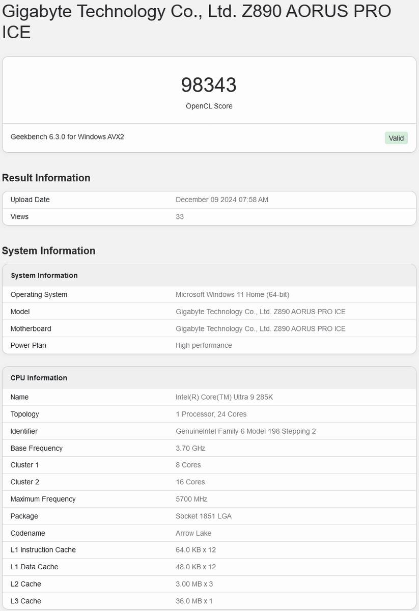 Intel Arc B580 Geekbench OpenCL result.