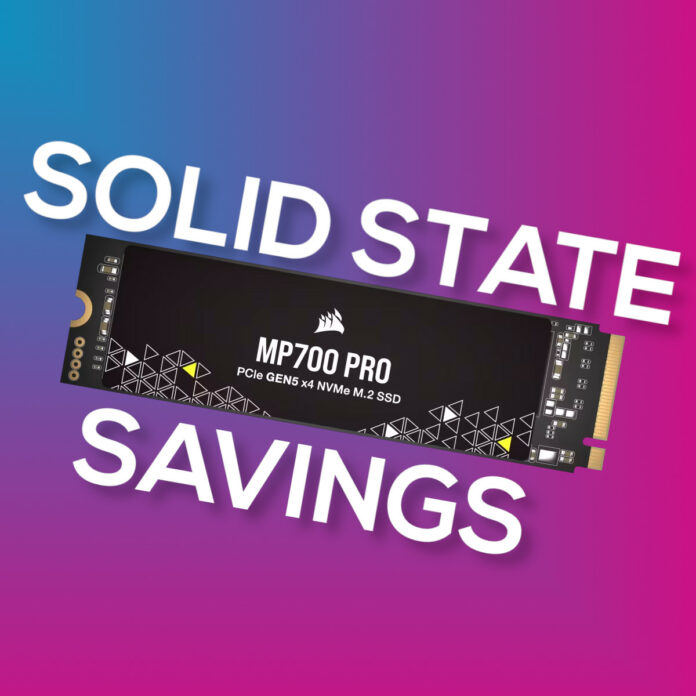 Corsair MP700 Pro SSD surrounded by 'Solid State Savings' text, against a two-tone pink and blue background.