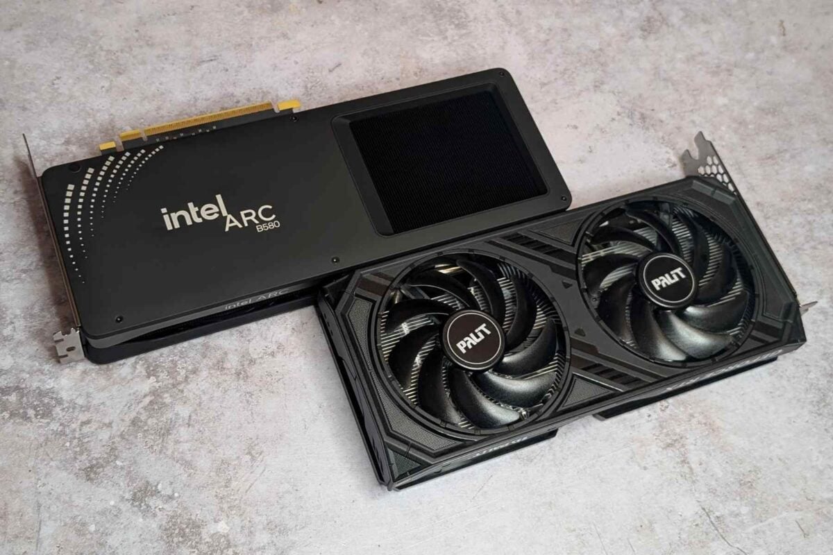 Intel Arc B580 and Nvidia GeForce RTX 4060 next to each other.