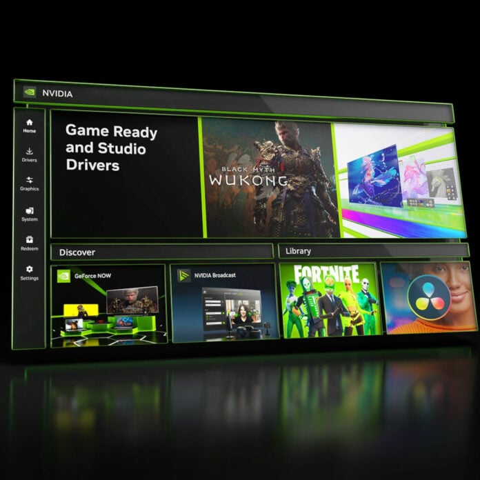 Nvidia App key art, displaying the application's home page filled with various tiles.
