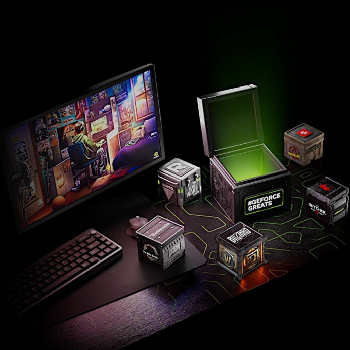 A monitor and keyboard (left) light up a series of boxes with various gaming icons on them, one open with a green light emerging from the largest.