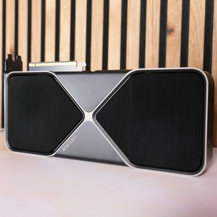 Nvidia GeForce RTX 5080 Founders Edition posing against wood panelling with a right angle.