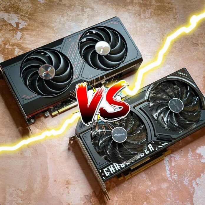 Intel Arc B570 on the bottom and AMD Radeon RX 7600 above it, with a versus symbol in between the two graphics cards.