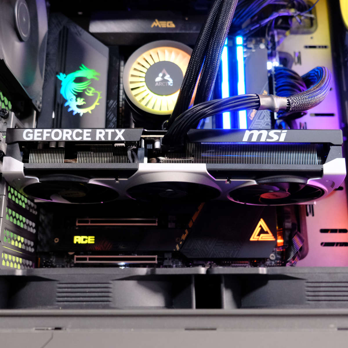 MSI GeForce RTX 5070 Ti Ventus 3X in the Club386 test bench, front-on.