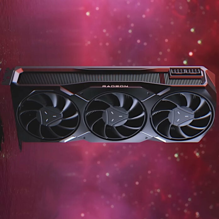 AMD Radeon RX graphics card, featuring a reference cooler design, floating against a nebulous red background.