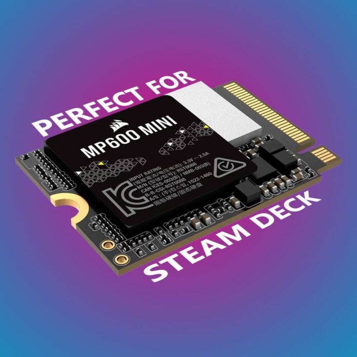 Corsair MP600 Mini SSD, against a blue-pink background, surrounded by text 'Perfect for Steam Deck'.