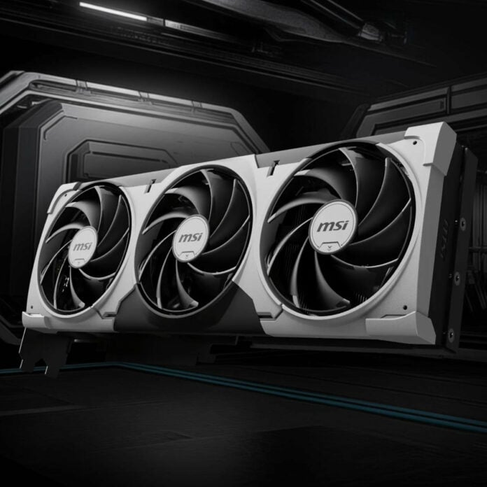 MSI GeForce RTX 5070 Ti Ventus 3X graphics card, floating in a darkened sci-fi room.