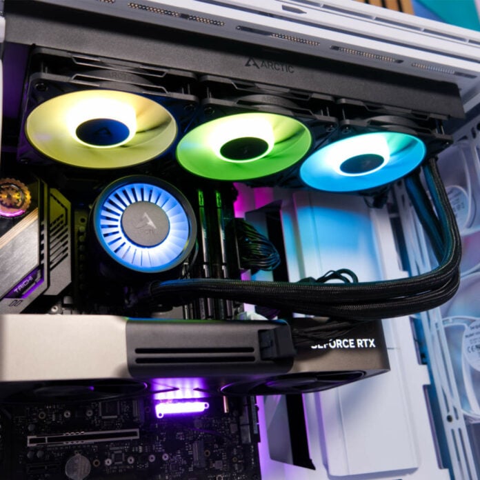 Arctic Liquid Freezer III Pro 360 in situ, lit up like a Christmas tree.
