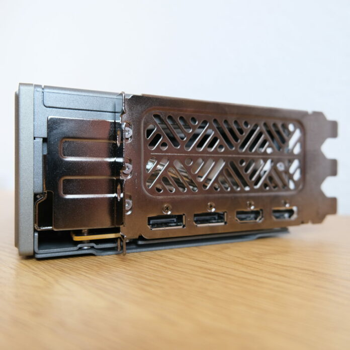 Close up of Sapphire Nitro+ Radeon RX 9070 XT rear I/O.