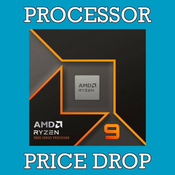 AMD Ryzen 9 9000 Series processor packaging render, against a blue backdrop, surrounded by text 'processor' (top) and 'price drop' (bottom).