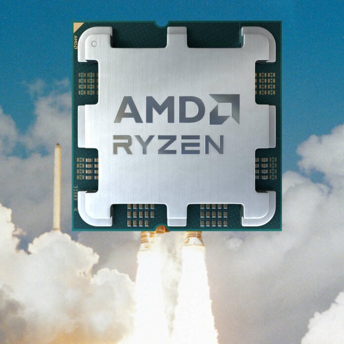 AMD Ryzen processor, blasting off into space with fire beneath it.