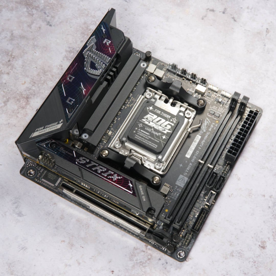 Top-down view of Asus ROG Strix B850-I Gaming WiFi motherboard.