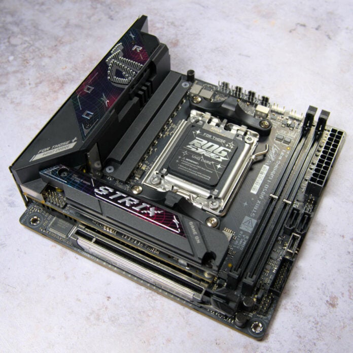 Top-down view of Asus ROG Strix B850-I Gaming WiFi motherboard.