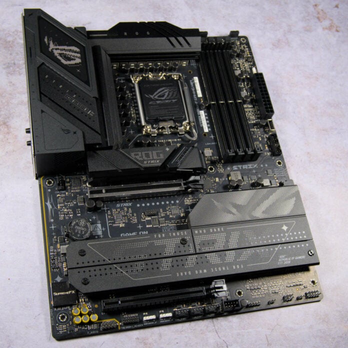 Top-down view of ROG Strix B860-F Gaming WiFi motherboard.