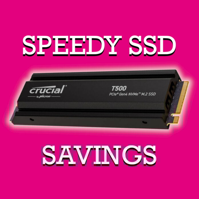 Crucial T500 SSD against a pink backdrop, surrounded by text 'Speedy SSD' (top) and 'Savings' (bottom).