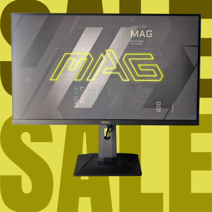 MSI MAG 274QRF QD E2 monitor with the word 'sale' repeated behind it.