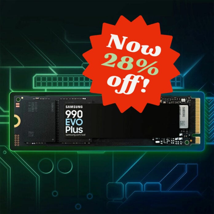 Samsung 990 Evo Plus 4TB with a 28% off sticker over it.