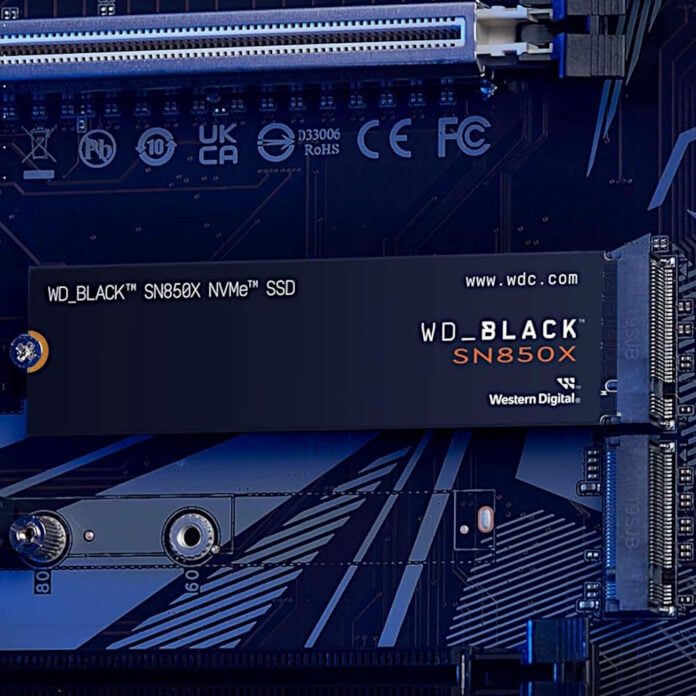Western Digital SSD, WD_Black SN850X, sits in an M.2 slot on a motherboard.