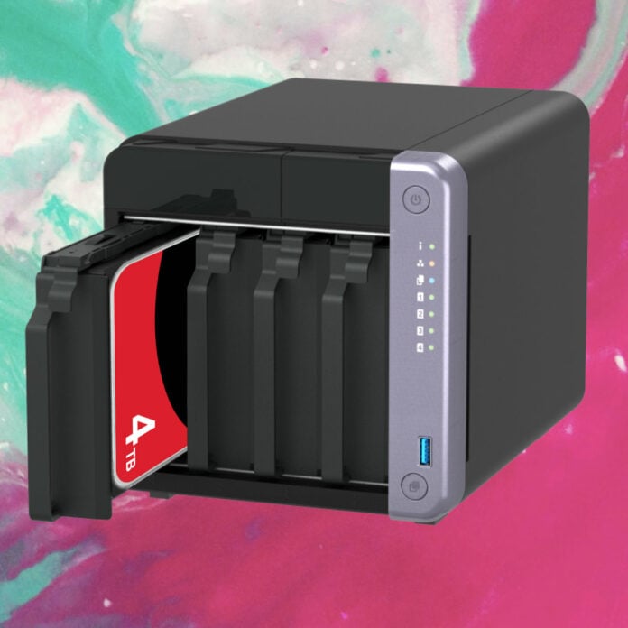 QNAP TS-432X-4G NAS with a 4TB HDD poking out.