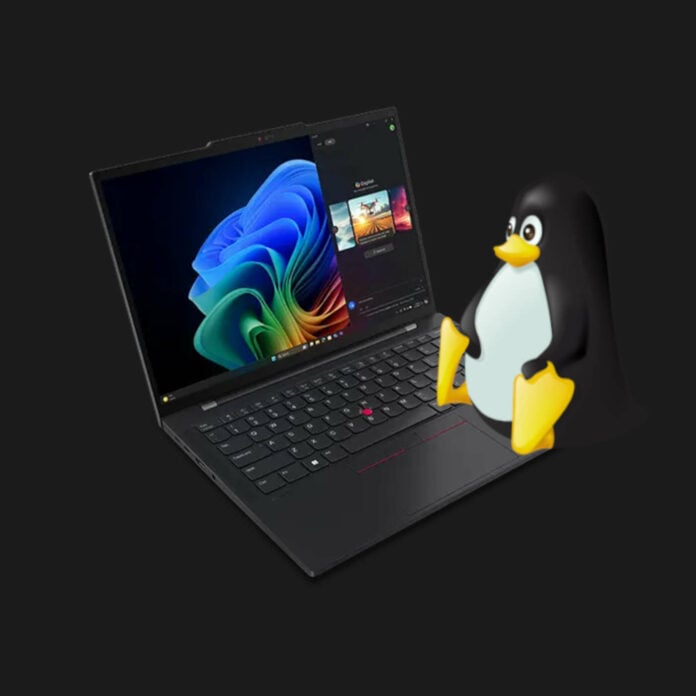 Lenovo ThinkPad T14s Gen 6 laptop with Linux mascot.
