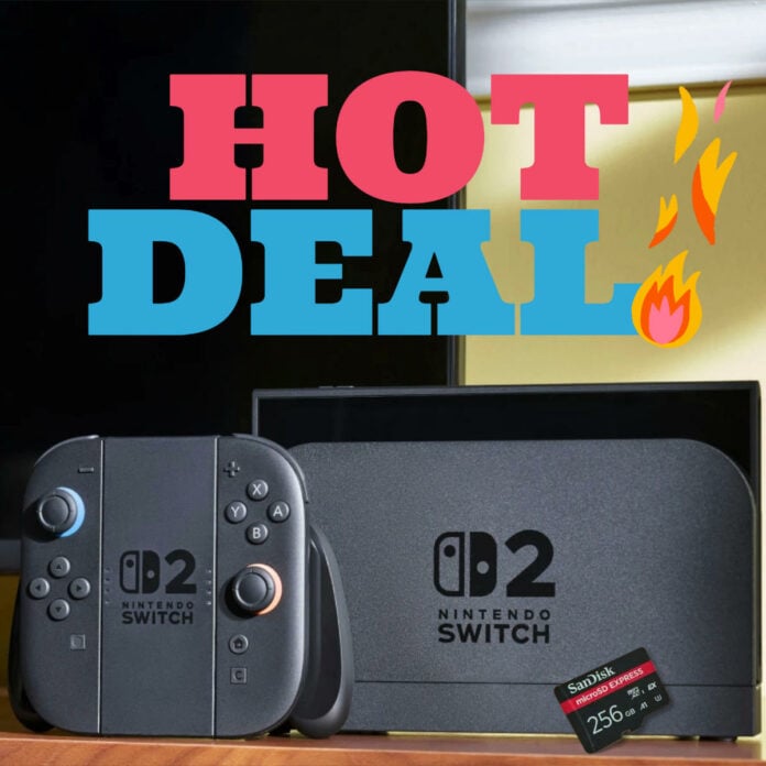 SanDisk microSD Express card (bottom right) in front of a Nintendo Switch 2.