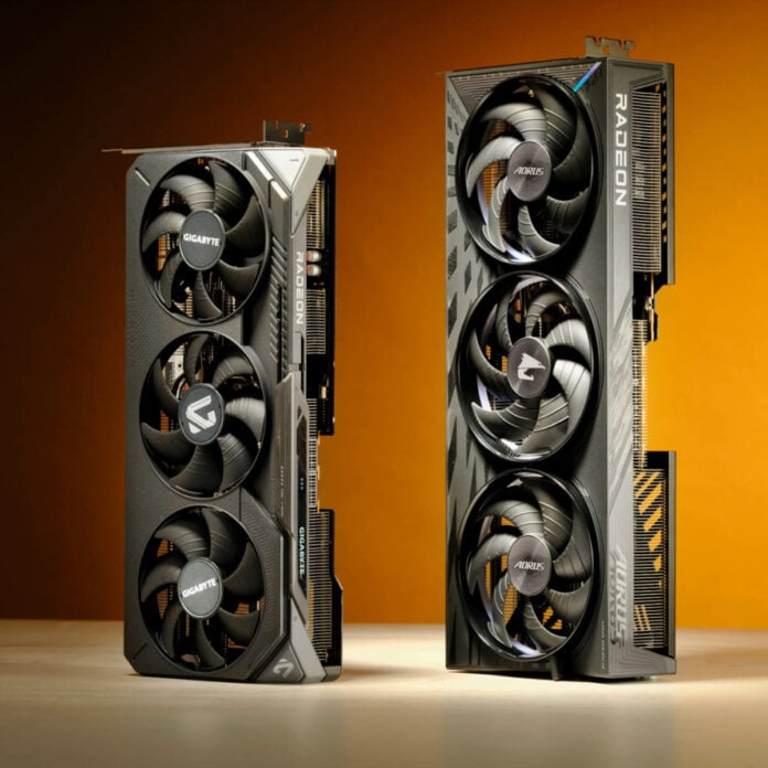Gigabyte Radeon RX 9000 Series graphics cards, standing vertically against an orange backdrop.