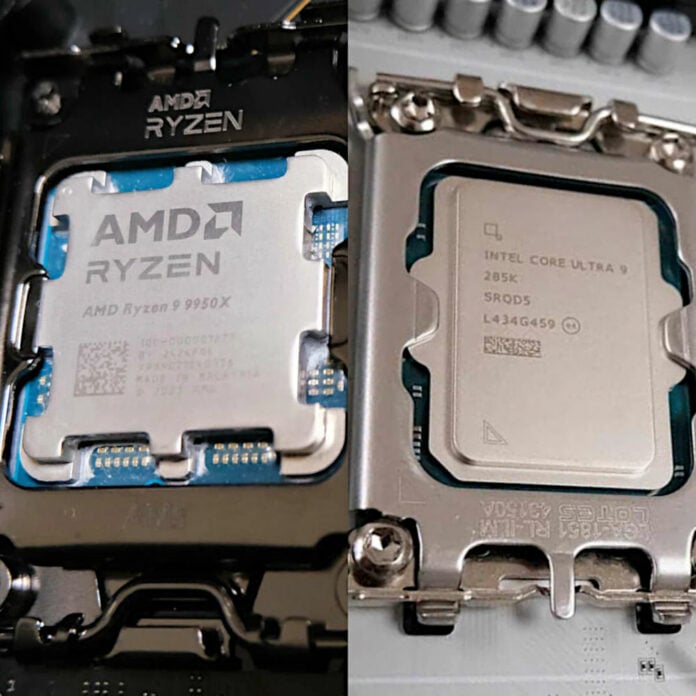 AMD Ryzen processor (left) next to an Intel Core Ultra processor (right).