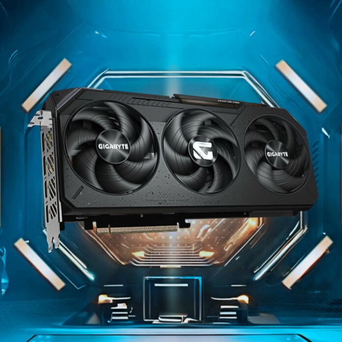 Gigabyte Gaming OC Radeon RX 9000 Series graphics card, floating against a blue futuristic backdrop.