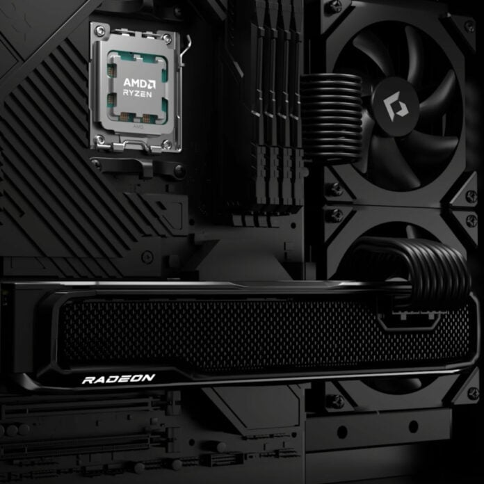 Radeon graphics card sits in a black PC.