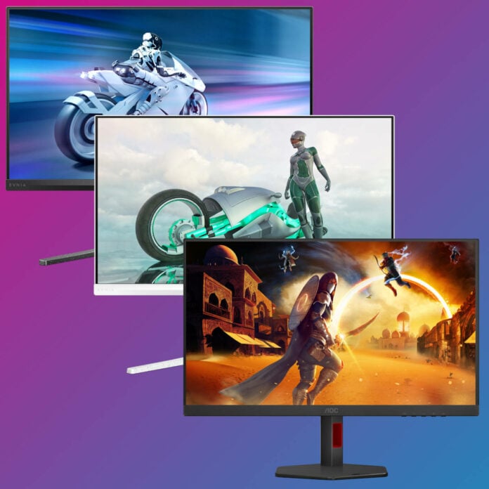 Three monitors stacked on top of one another, from AOC and Philips.