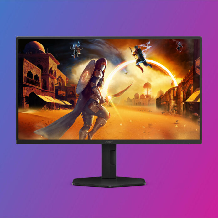 AOC 25G4SXU monitor against a pink-blue background.